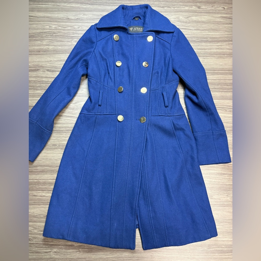 GUESS Womens Double-Breasted Royal Blue Coat